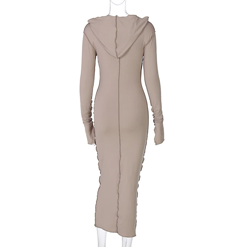 2023 Long Sleeve Hooded Patchwork Skinny Maxi Dress