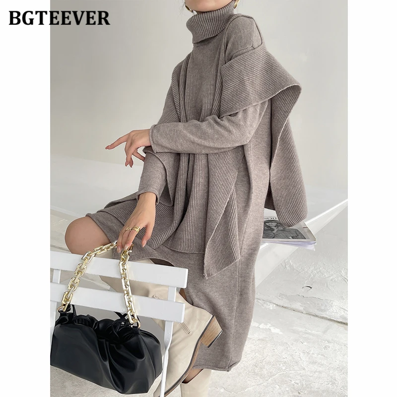 BGTEEVER Winter Chic kobiety 2 kawałki dzianiny zestaw golfem nieregularne swetry i długi rękaw luźny sweter sukienka vestidos