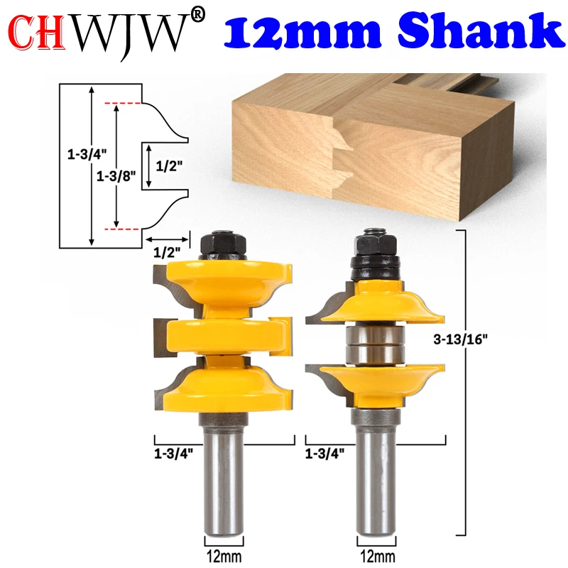 CHWJW 2PC 12mm Shank Round Over Rail and Stile Router Bit Set Woodworking Cutter Tenon Cutter for Woodworking Tools