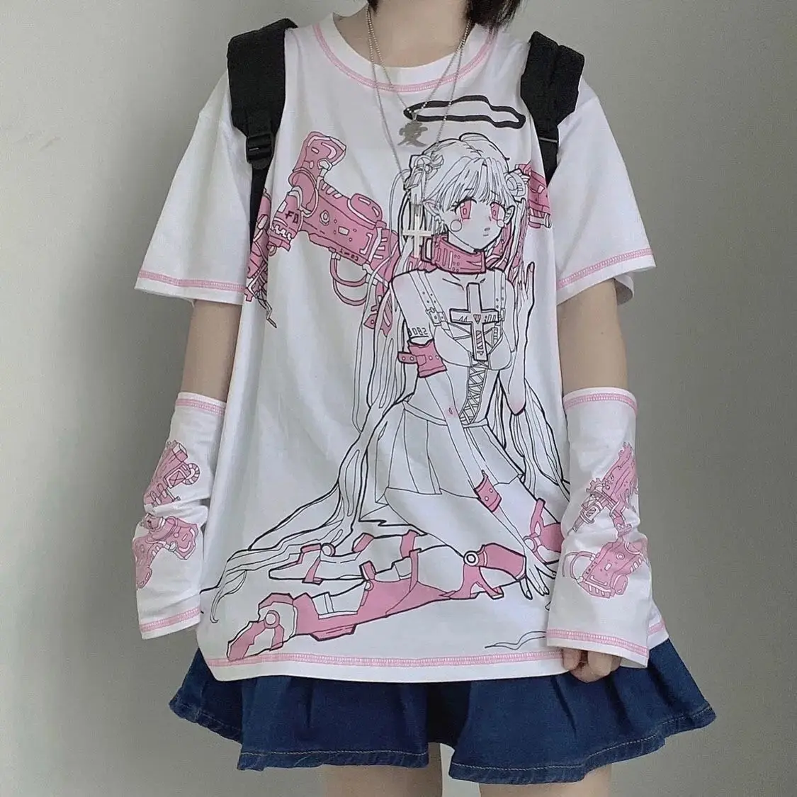 Japanese Streetwear E Girl Anime Tshirt Clothes With Arm Cover Graphic Top Harajuku Kawaii Summer Tops For Women 2022 T Shirt