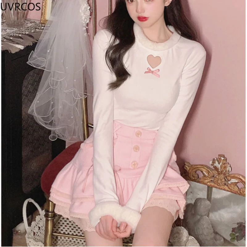 Sweet Pink Lolita Kawaii T-shirt Women Winter Warm Plush O-neck Chic Heart Hollowed Out Long Sleeve Tops Korean Casual T Shirts