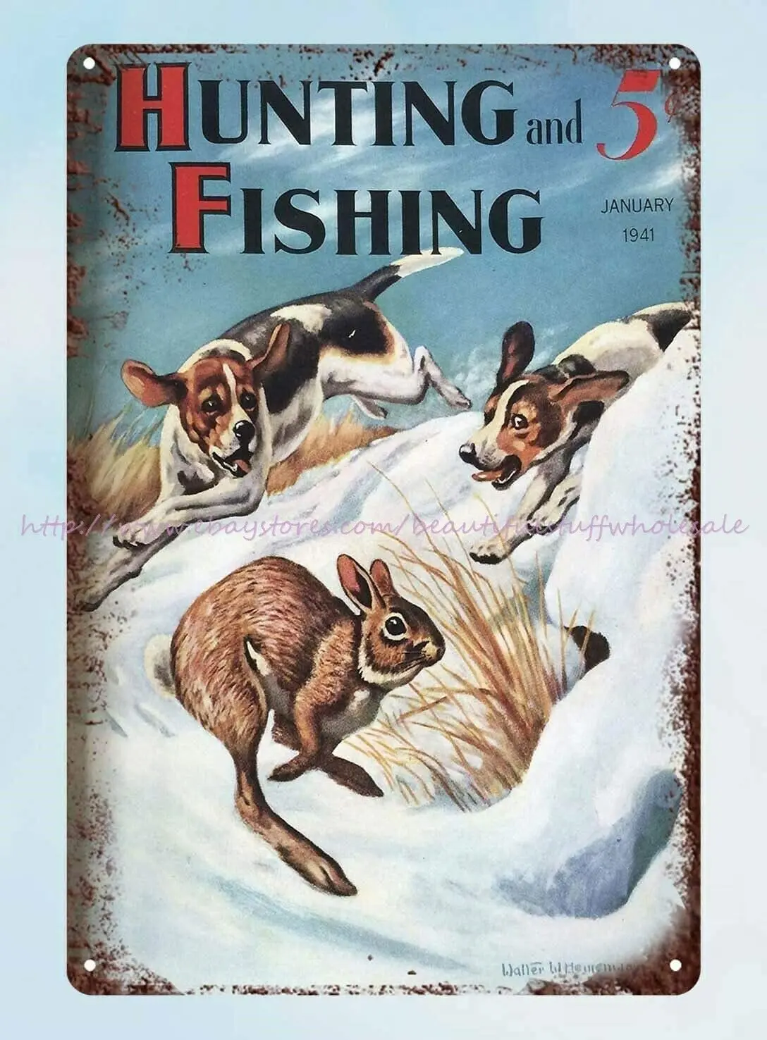 at Home Decor Rabbit Fishing Hunting 1941 Old Magazine Beagle Metal tin Sign Retro Wall Home Bar Pub Vintage Cafe Decor,