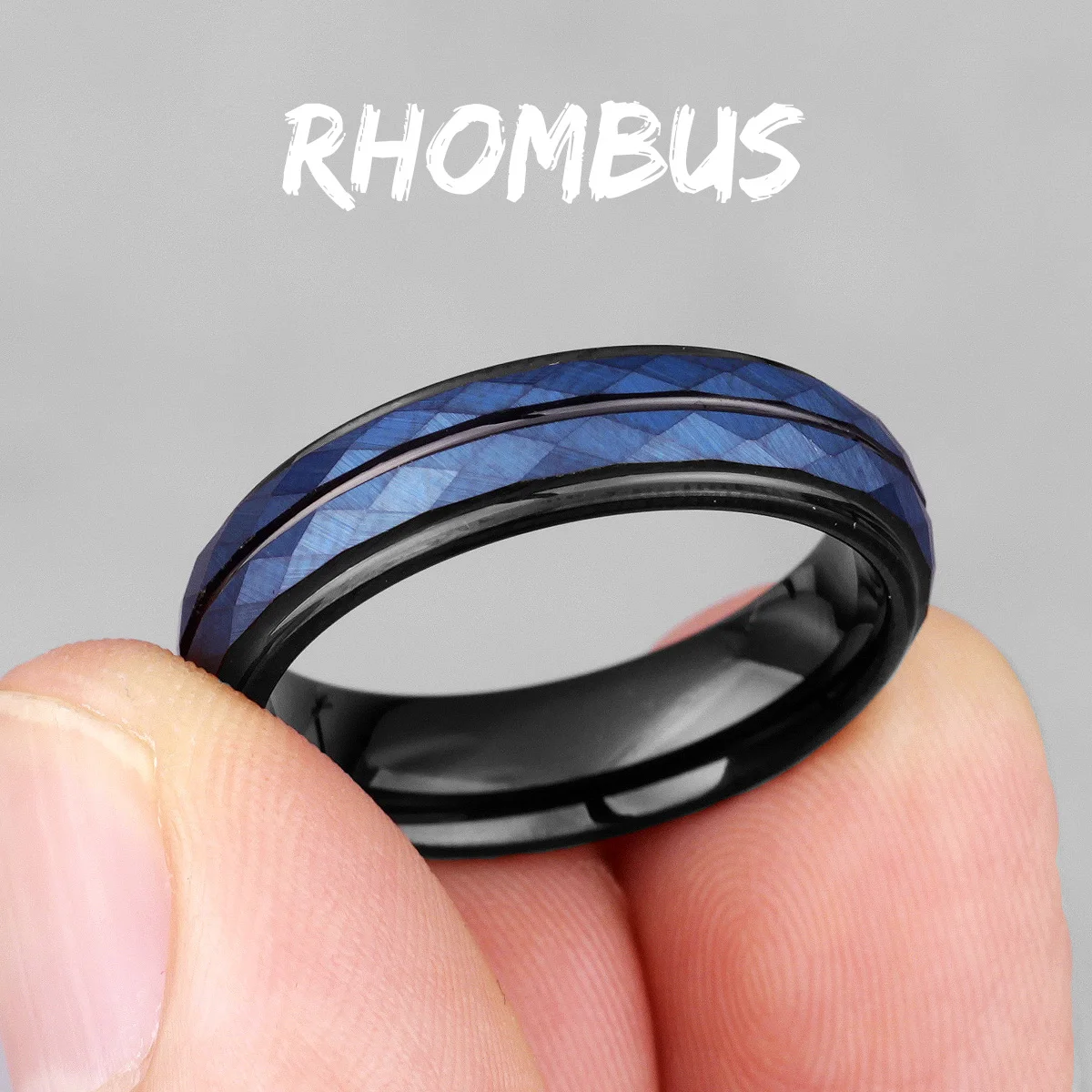 Tungsten Black Blue Rhombus Cut Mens Rings Simple Charm Luxury for Gentleman Male Boyfriend Jewelry Creativity Gift Wholesale