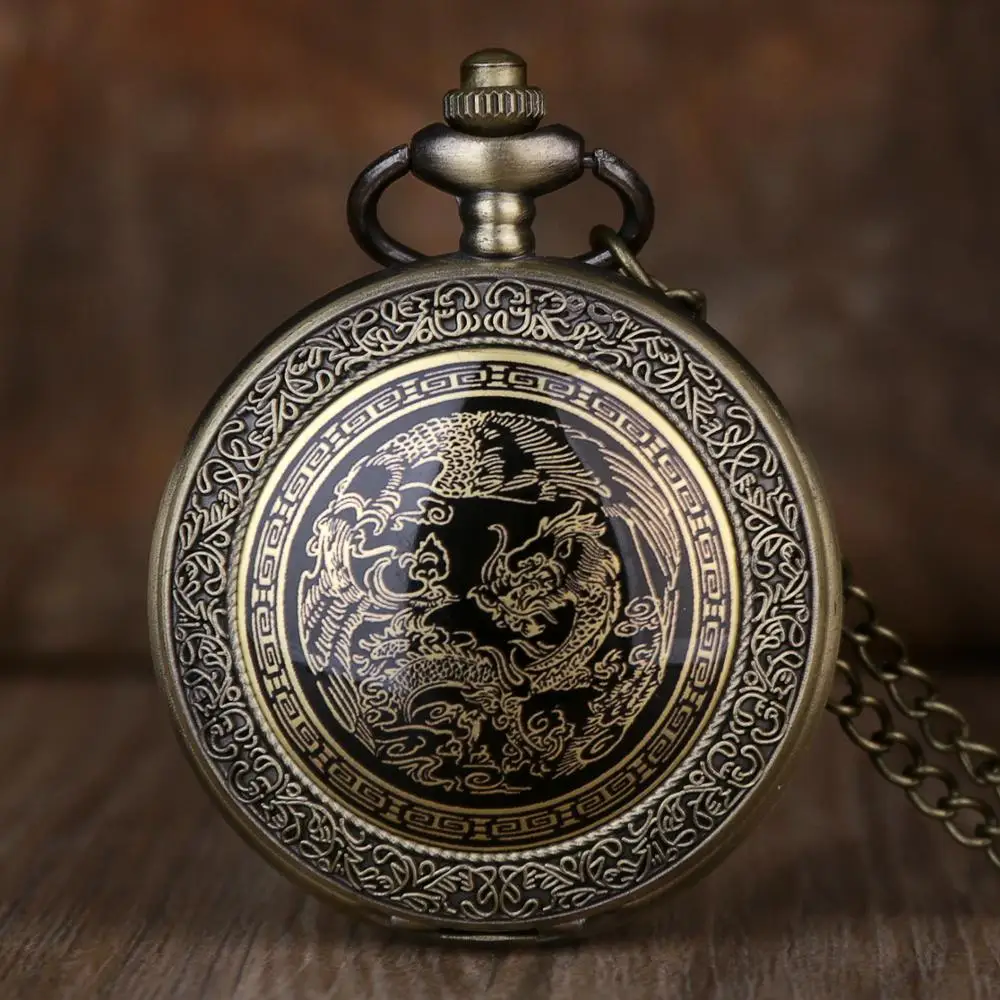 Retro Bronze Dragon Pattern Design  Pocket Watch Necklace Pendant Quartz Fob Watch Mens Womens Gifts