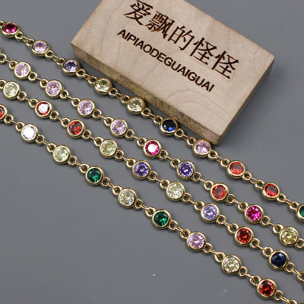 APDGG  1 Meter Bezel Set 5mm Mix color CZ Yellow Gold Plated Copper Fashion Chain Paperclip Neck Chain Pearl Jewelry Making DIY