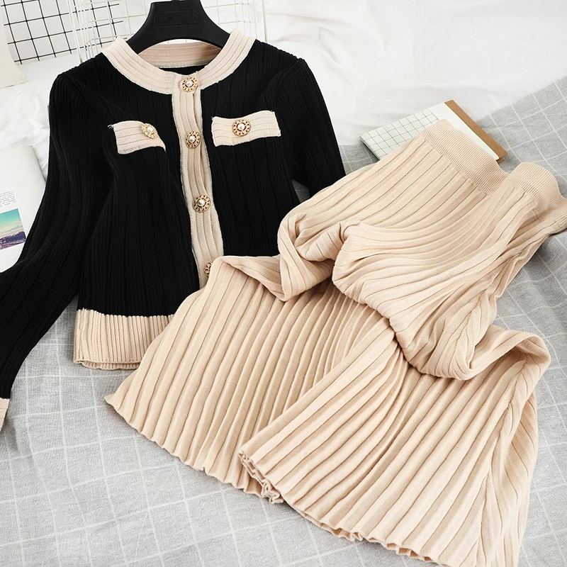 Spring 2 Piece Set New Fashion Elegant Ladies Knitted Color Matching Pearl Button Sweater Cardigan + Pleated Midi Skirt Suit