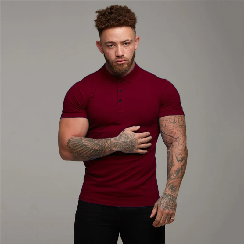 Polo-Shirts Slim-Fit Short Sleeve Leisure Casual Cotton Fashion Mens Brand Fitness Mens Summer Breathable Gym Sports Polo Shirt