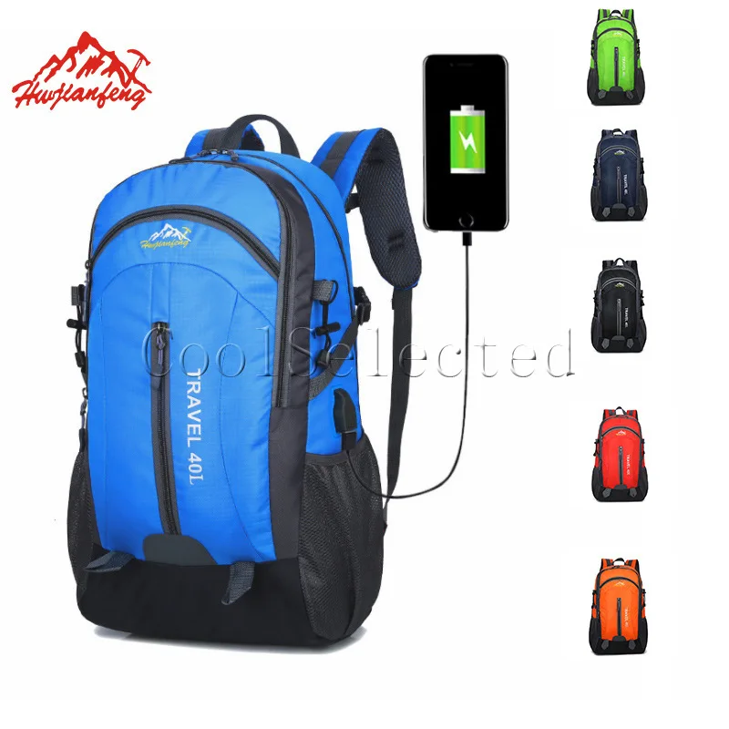 40L USB مقاوم للماء تسلق حقائب ظهر للجري حقيبة السفر حقيبة التخييم محمول Daypack الظهر في الهواء الطلق الرجال النساء