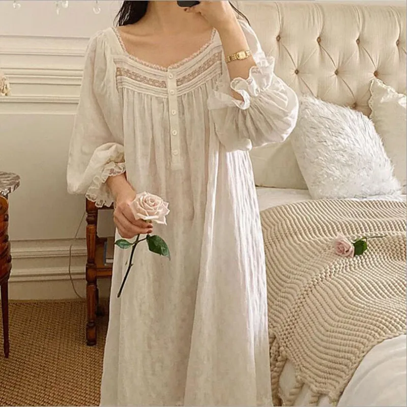 Women Cotton Sleepwear White Loose Mid-Calf Long Home Dress Spring Autumn Full Sleeves Nightwear Princess Vintage Nightgowns