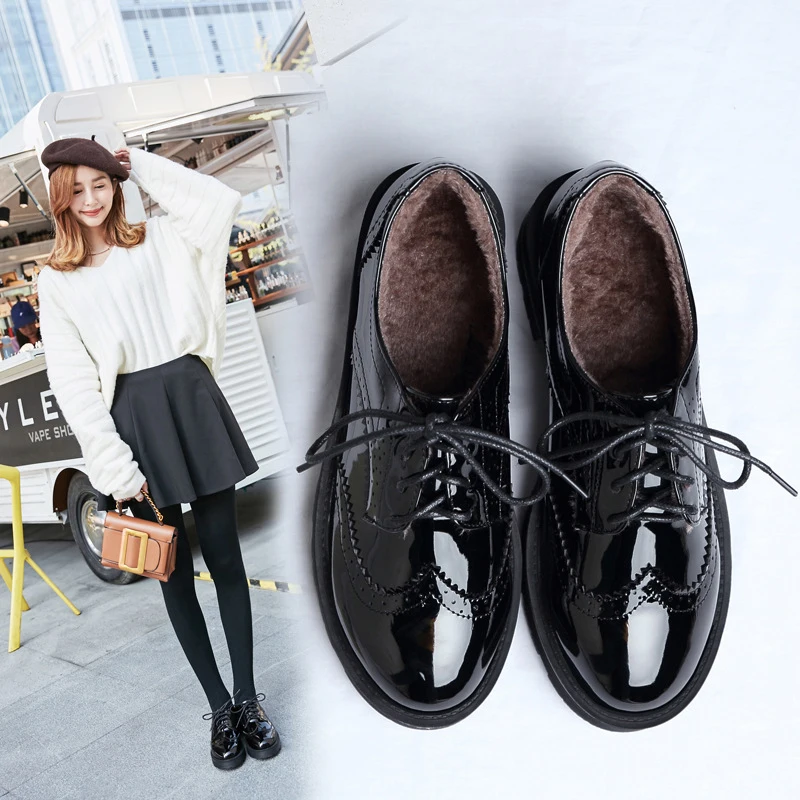 black patent leather lace-up brogue shoes creepers muffins shoes woman winter plush warm carved anti-skid student oxfords shoes