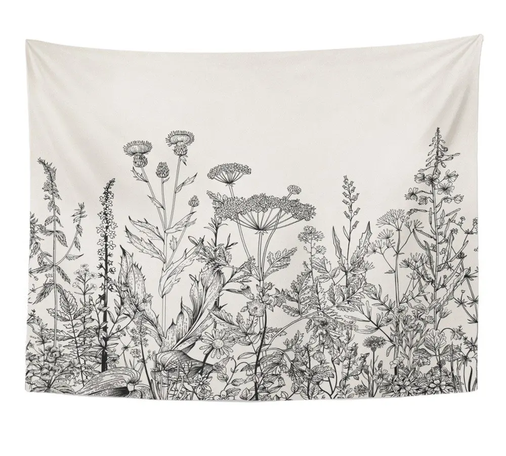 Floral Border Herbs and Wild Flowers Botanical Engraving Style Black and White Tapestry Home Decor Wall Hanging 60" x 80" Inches