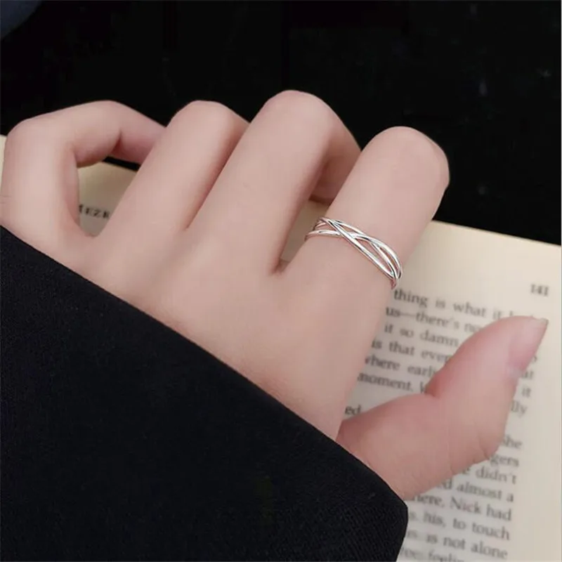 Simple And Creative Line Cross 925 Sterling Silver Jewelry Personality Multi-layer Winding Opening Rings TYB485