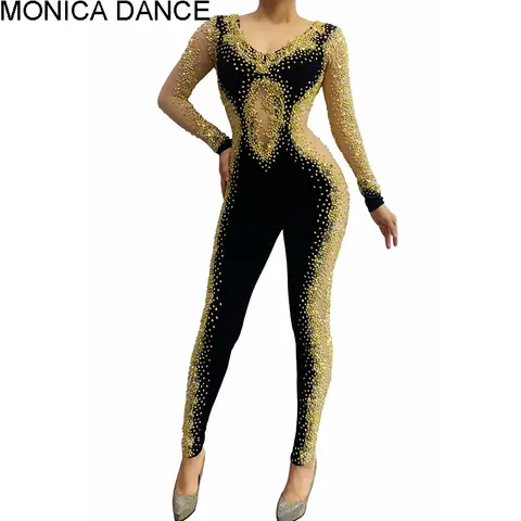 Sexy Stage Gold Rhinestones Jumpsuit Lady Evening Prom Party Wedding Birthday Celebrate Outfit Singer Stage Wear Dance Costume