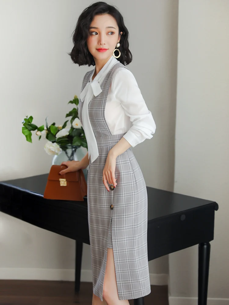 

Autumn Women 2020 Spring Casual Elegant Female Sexy Bodycon Dress Office Dresses White Shirt+plaid ZT1296