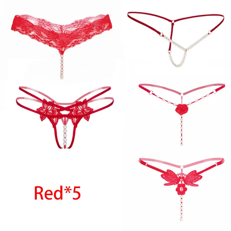 

5Pcs Embroidery Flower Massage Beads G-String Women T Panties Sexy Mini Buttocks Low Rise Thong Briefs Lingeries