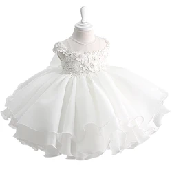 Beading White Lace Baby Girl Dress 1 Year Birthday Dress Sleeveless Infant Newborn Party Vestidos Baby Girl Christening Gown