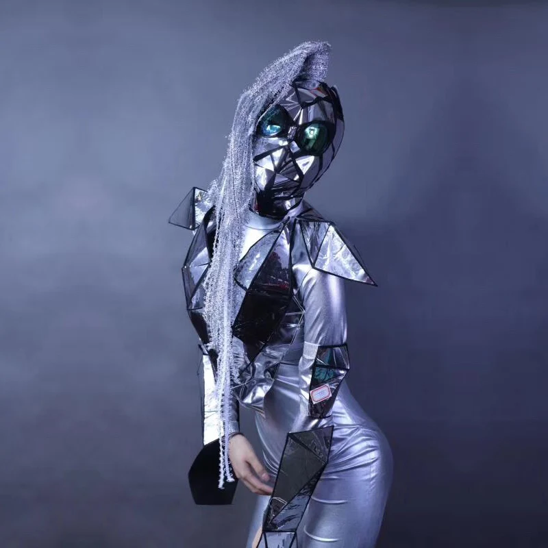 Personality Spaceflight silver gray jumpsuit stage performance costume bar concert DJ singer/dancer costume