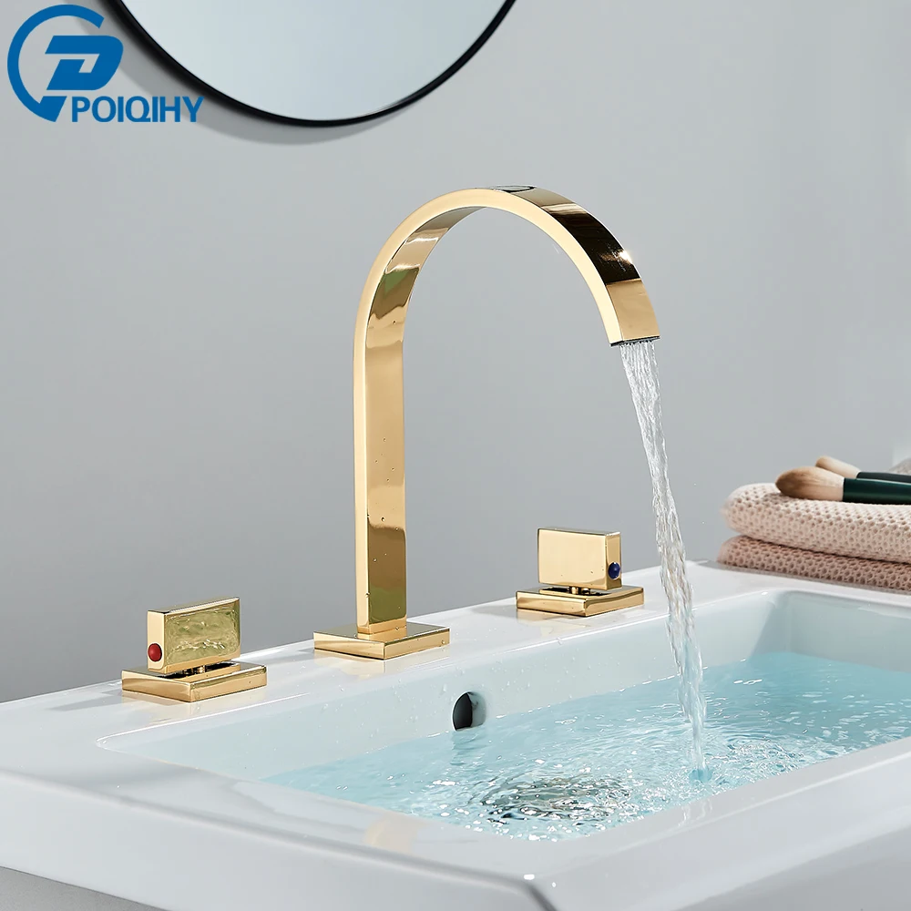 Black Golden Bathroom Basin Faucet Hot and Cold Water Faucet Widespread Dual Handle Mixers Tap Deck Mount Wash Tub Fauctes