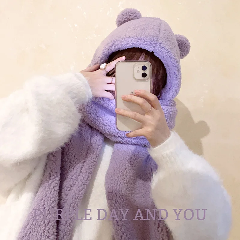 Cute Winter Long Scarf Women Purple Kawaii Bear Ear Hooded Plush Hat Soft Fuzzy Wool Warm Lamb Cashmere Cartoon Animal Scarves