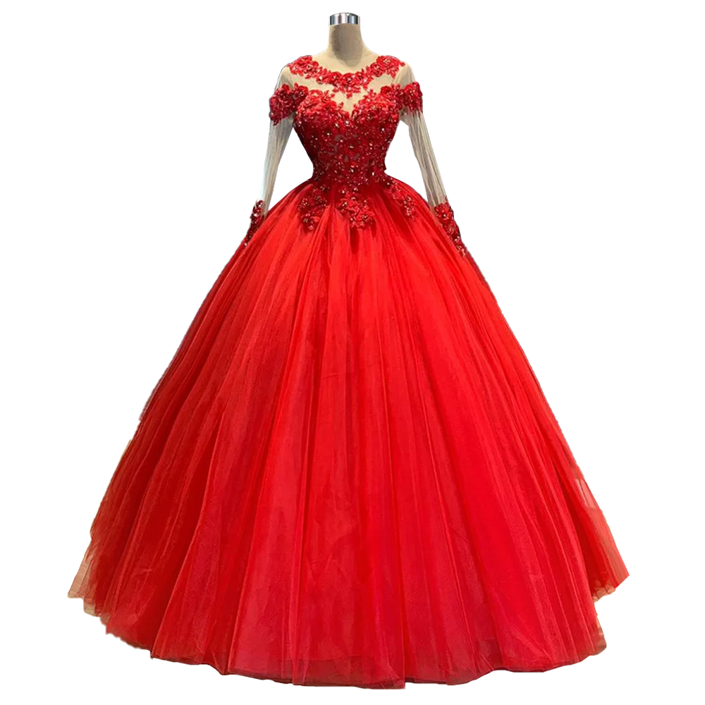 Rhinestones ลูกปัดชุดสีแดง Quinceanera ชุด Illusion แขนยาว Vestidos De Quinceañera Vestidos De 15ปีที่ผ่านมา