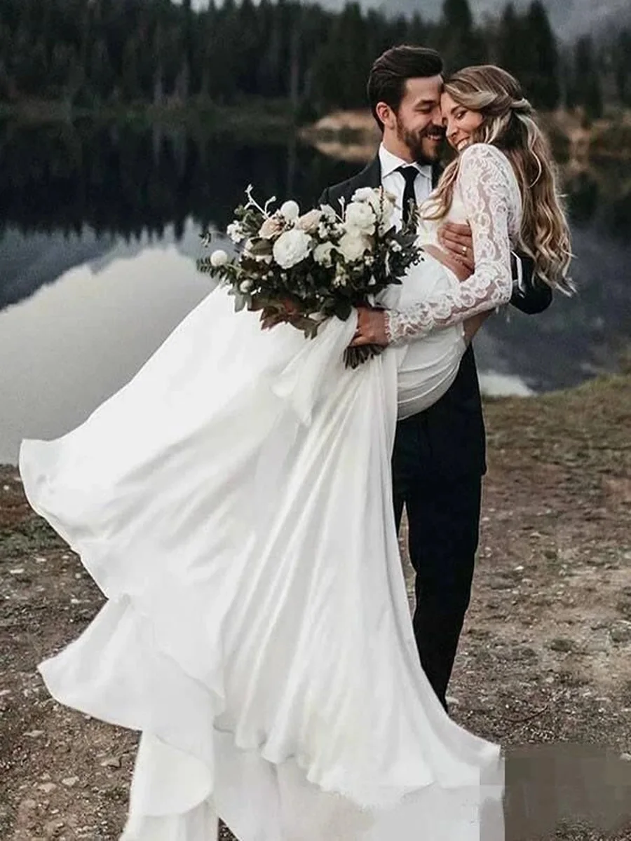 Vestidos de novia de encaje de dos piezas de manga larga para playa, Vestido de novia Sexy de gasa con cuello redondo, estilo bohemio