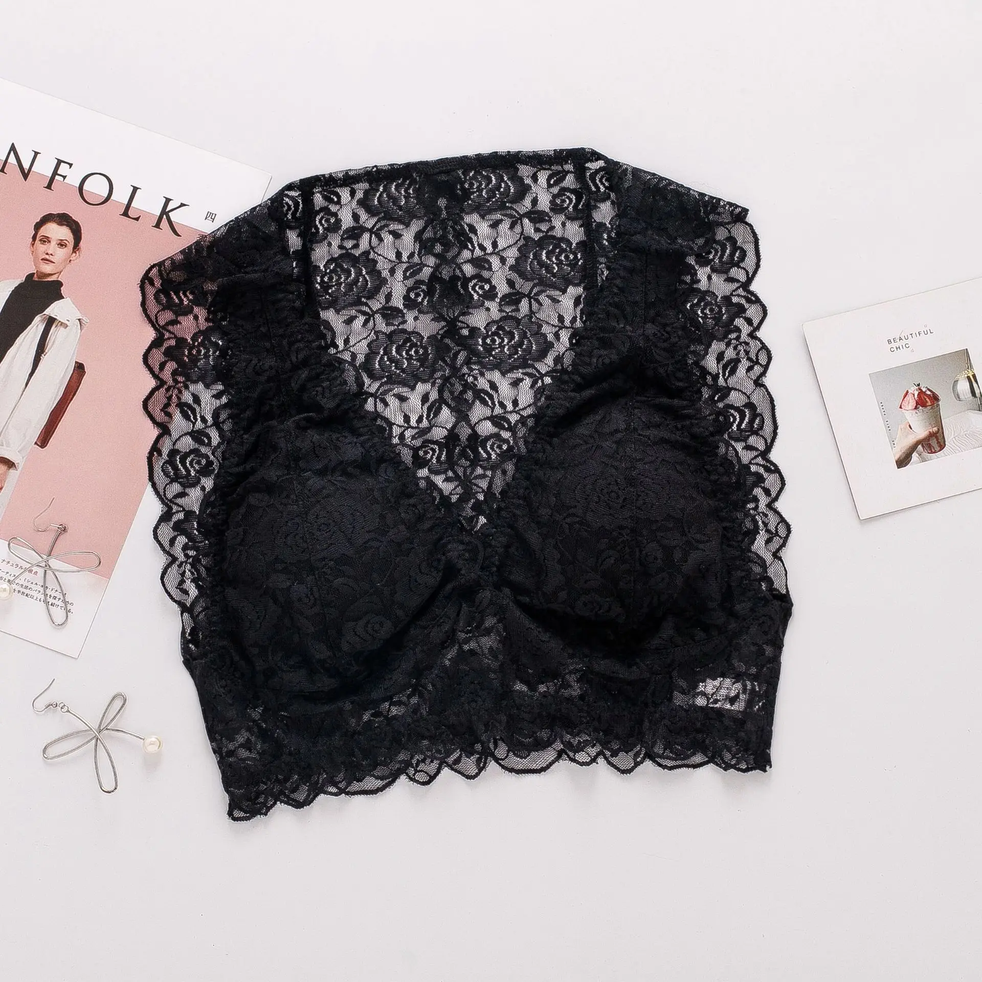 Birdsky, 2PC Women silk vest bra brassiere tube top breast top padded sexy lace wrapping suspender wire rimless. OR-71