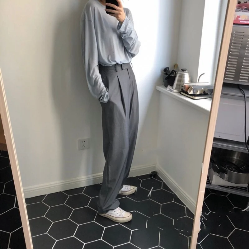 

Autumn 2022 New Korean Style Concise Elegant Loose Solid Womens Fashion Wide Leg Pants Office Lady High Waist Casual Suit Pants