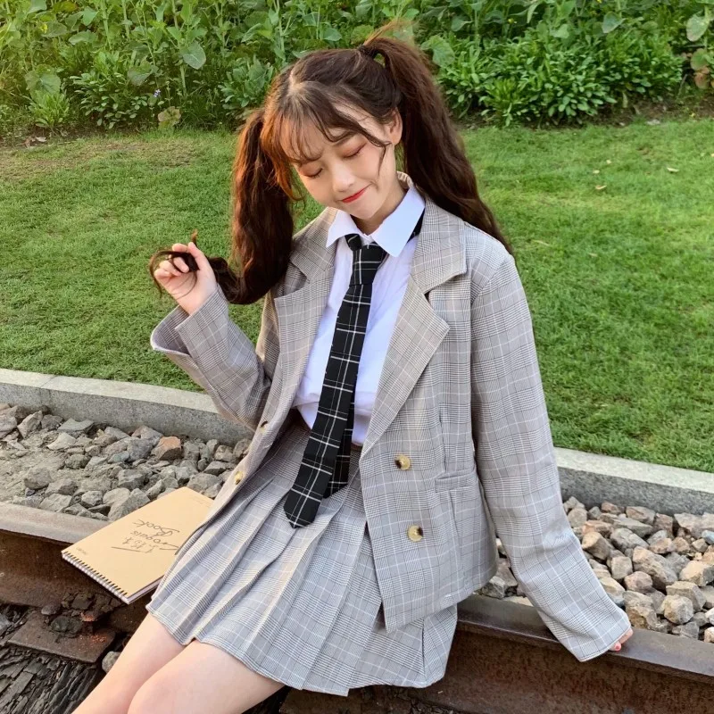 Suit Female Autumn New Korean Version of the Western Style Students Shirt Loose Plaid Coat JK Small Suit Pleated  school skirt