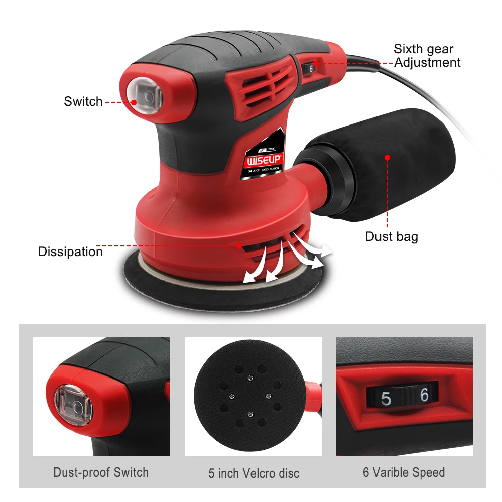 WISEUP 280W Sander ตัวแปรความเร็วขัดเครื่องฝุ่นกระเป๋า5ชิ้นวอลเปเปอร์เครื่องมือขัด