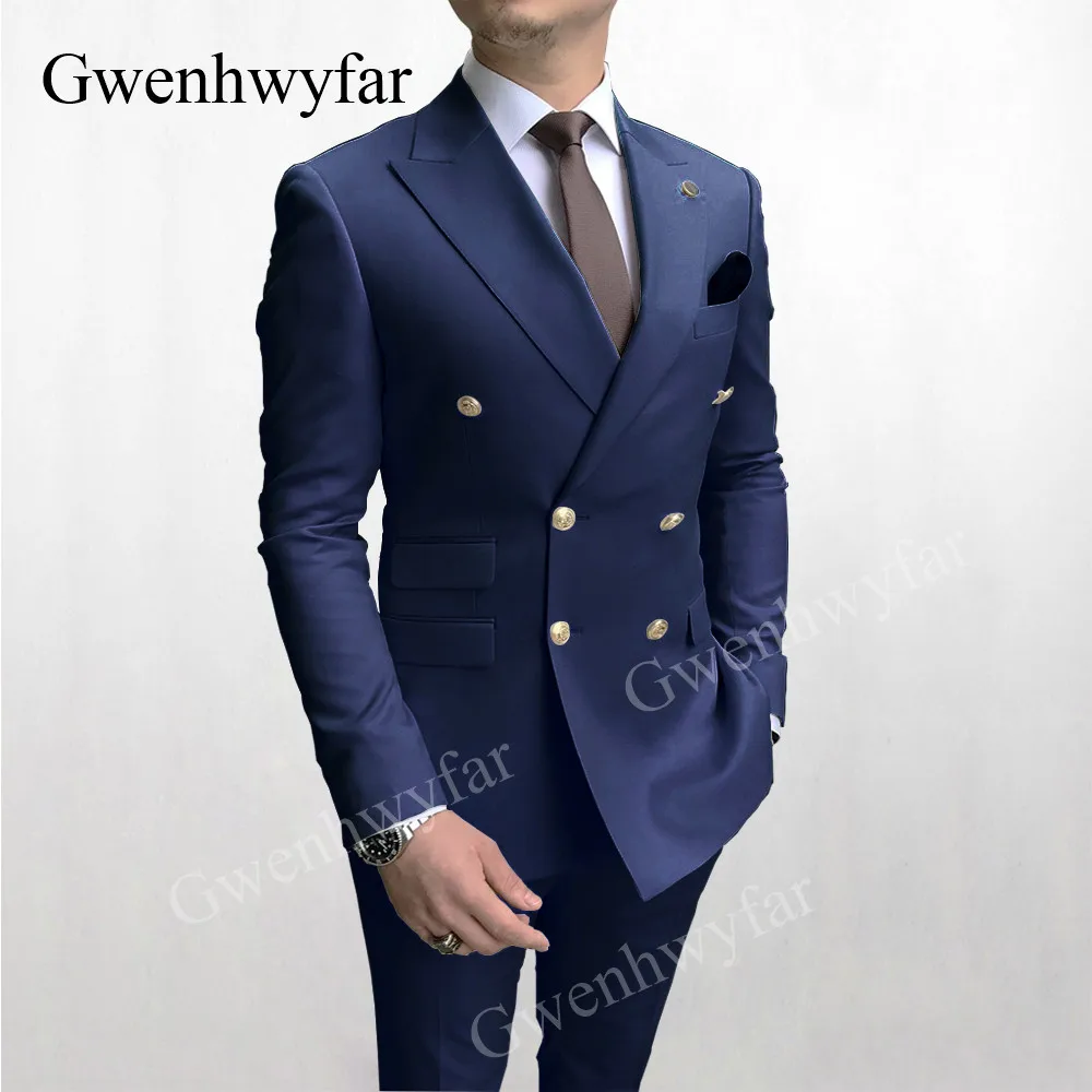 Gwenhwyfar Sky Blue Men Suits Double Breasted 2020 Latest Design Gold Button Groom Wedding Tuxedos Best Costume Homme 2 Pieces