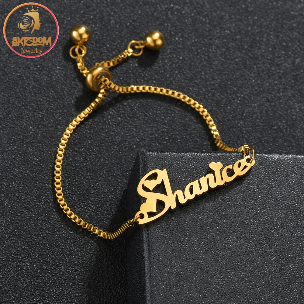 Akizoom Customized Name Bracelet Women Kids Stainless Steel Adjustable Box Chain Arabic Letter Heart Hand Christmas Gifts