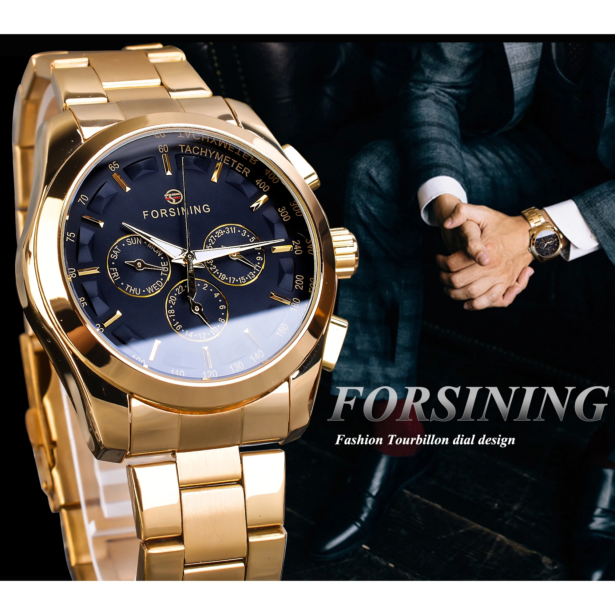 Forsining Black Business Mechanical Men Watch Automatic 3 Sub Dial Date Golden Steel Band Dress Wristwatch Clock Hour Time Reloj