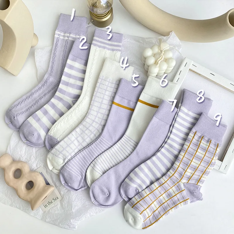 

New Taro Purple Fashion Women Socks Striped Plaid High Quality Cotton Socks Female Japanese Korean Harajuku Cute Sock Skarpetki