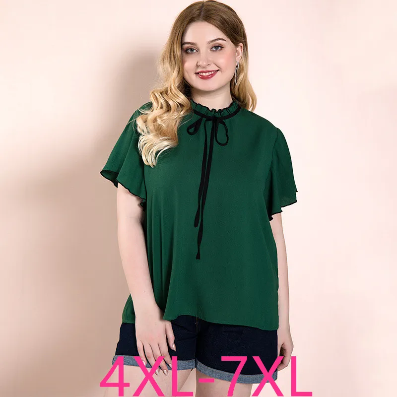 New summer plus size tops for women blouse large short sleeve elegant loose casual bowknot green O-neck shirt 4XL 5XL 6XL 7XL