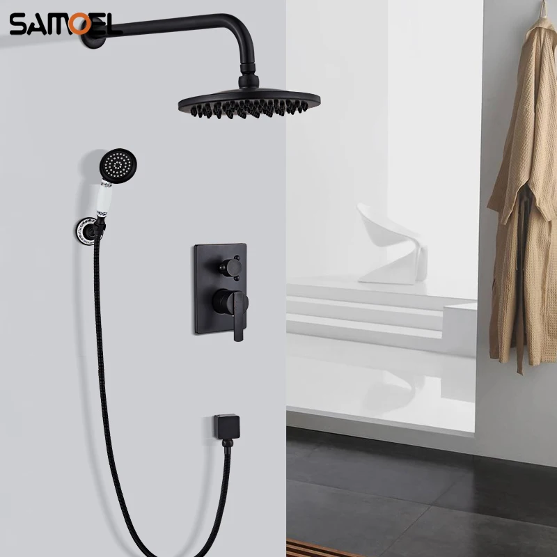 

Classic Wall-Mounted Brass Antique Black Concealed Shower Faucet Set Copper Embedded Water Mixer Tap with 8'' Showerhead SF1073