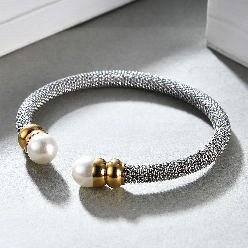 New Products Stainless Steel Fashion Jewelry Twisted Line C Type Adjustable Size Bangles, Pearl Bracelets For Women