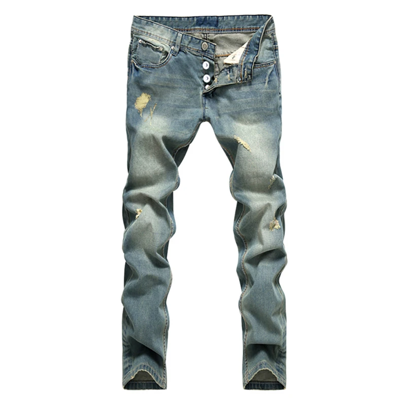 

High Quality Brand Men's Nostalgia Jeans Biker Straight Pants Slim Casual Fashion Destroyed Buttons Torn Ripped Denim Trousers