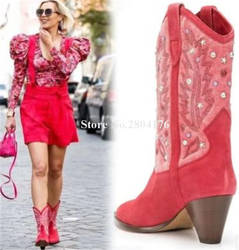

Newest Women Pointed Toe Muliti-color Rivets Embroidered Mid-calf Boots Retro Style Spike Heels cowhide Beaded Boots