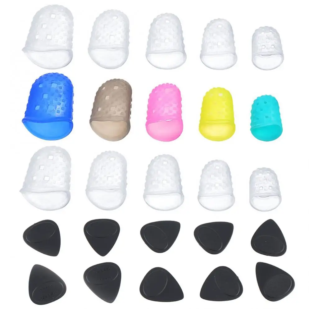 25pcs / lot Guitar Pick 0.46-1.0mm Silicone Fingertip Cover Pressed String Finger Protected Plectrum Guitar Accessories Kit