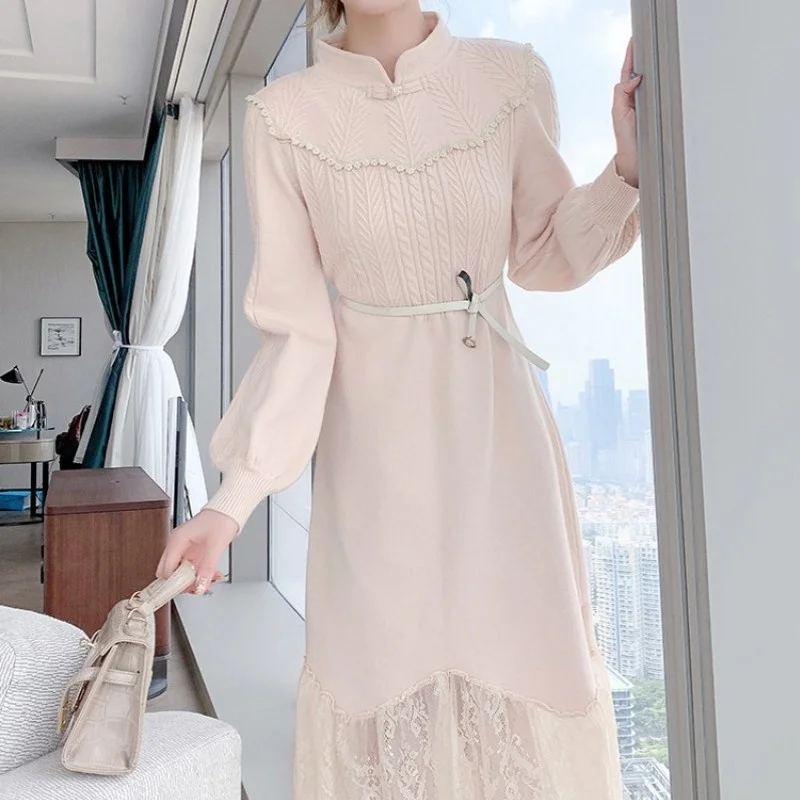 Collar Stand Knitting Spliced Lace Long Dress Ladies Thin Sashes High Waist A-Line Pullover Dress Women Elegant Autumn Winter