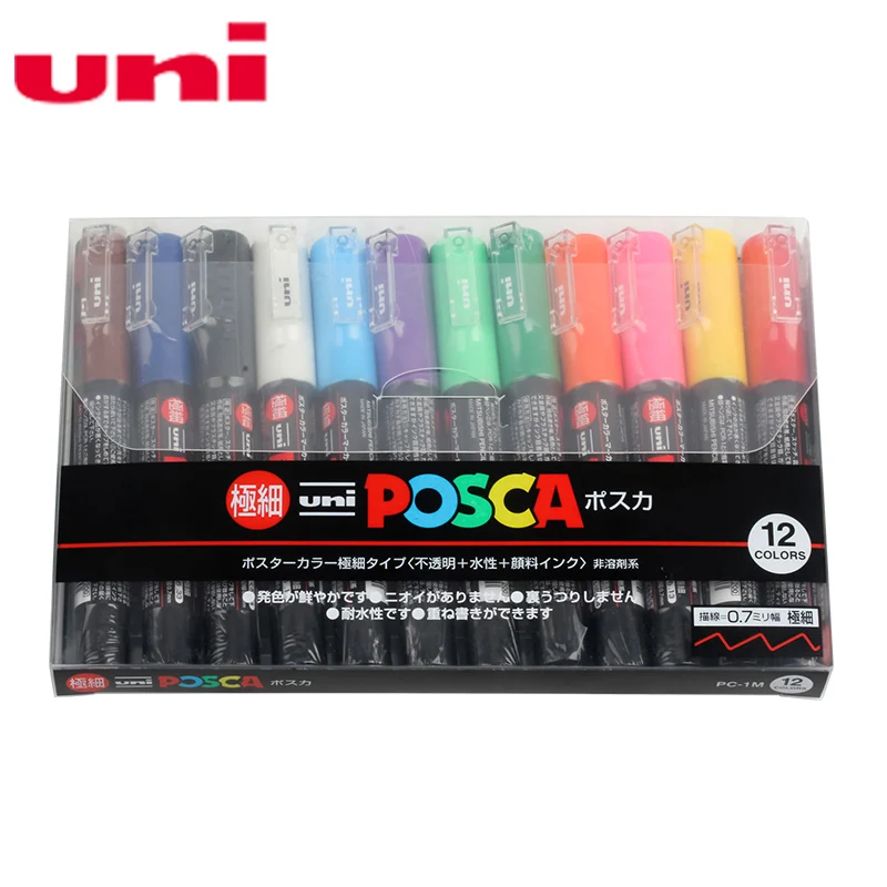 

12 Pcs/Lot Uni Posca PC-1M Paint Marker- Extra Fine Bullet Tip-0.7mm 12 Colors Case Poster Water-based Advertising Pen