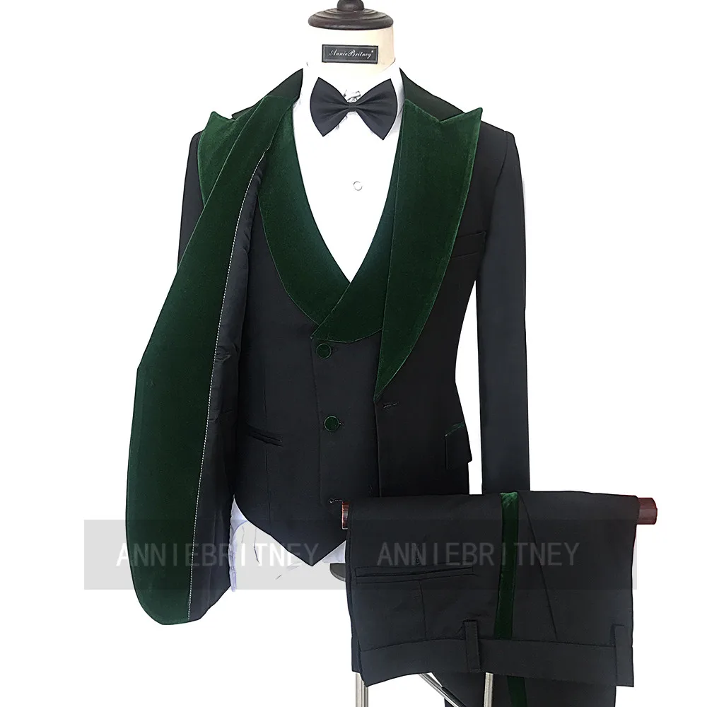 Tailored Men Suit Black With Dark Green Velvet Slim Fit Best Made Bridegroom Marriage Wedding Tuxedo Blazer Vest Pant 3 Pieces