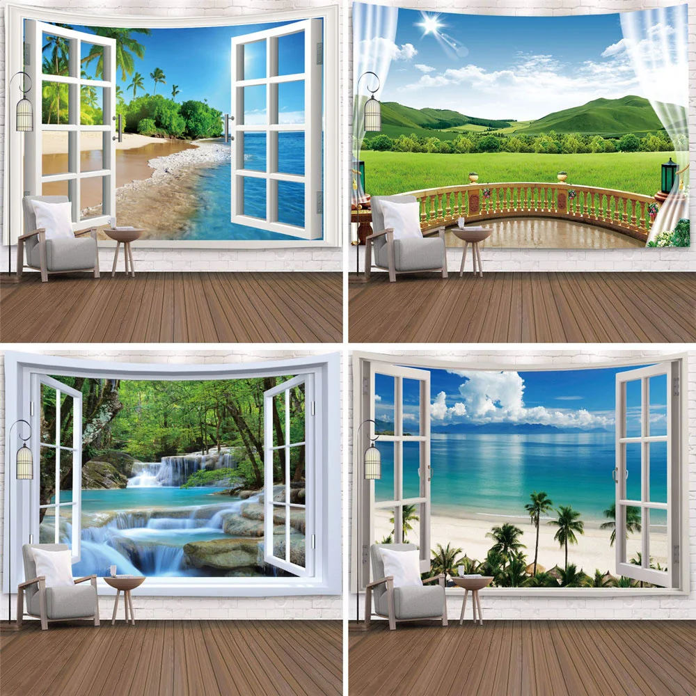 Imitation Window Landscape Tapestry Wall Hanging Tropical Tree Tapestries Art Home Decoration Sea Sunrise Dorm