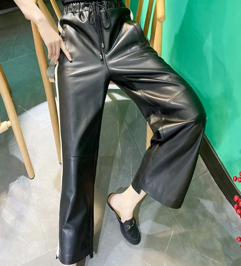 Women Fashion Loose Sheepskin Genuine Leather Wide Leg Pants Elastic High Waist Side Striped Pants Casual Sweatpants Streetwear