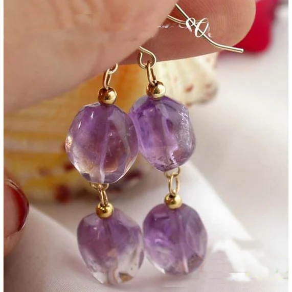 

New Arrival Favorite Pearl Jewelry Real Natural Baroque Amethyst Purple Crystal 14k Good Dangle Earrings Charming Lady Gift