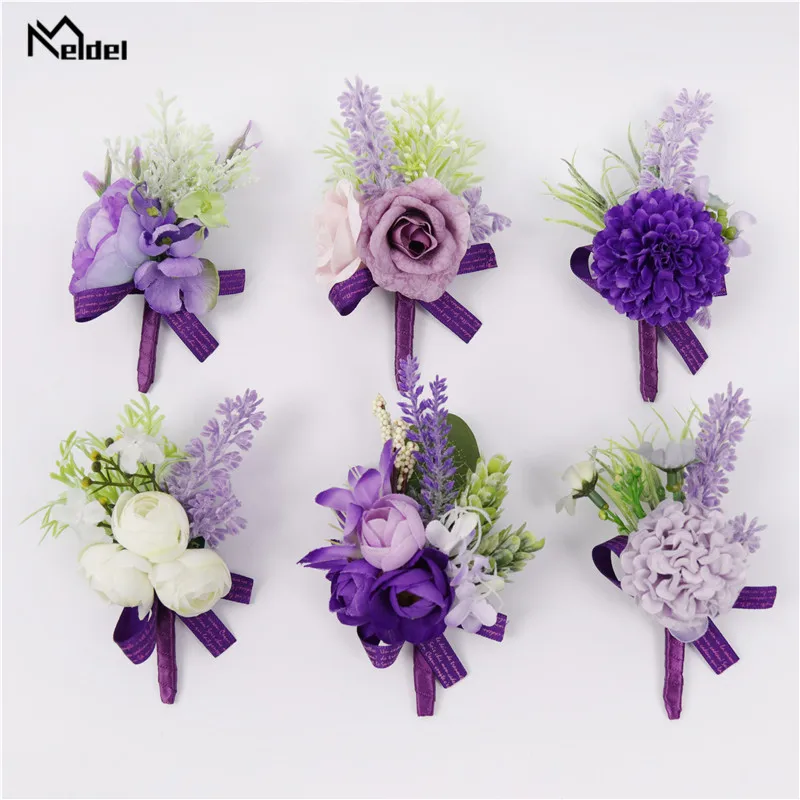 Meldel Boutonniere Bruid Pols Corsage Bruidegom Boutonniere Kunstmatige Bloem Meisje Armband Wit Paars Bruiloft Corsages