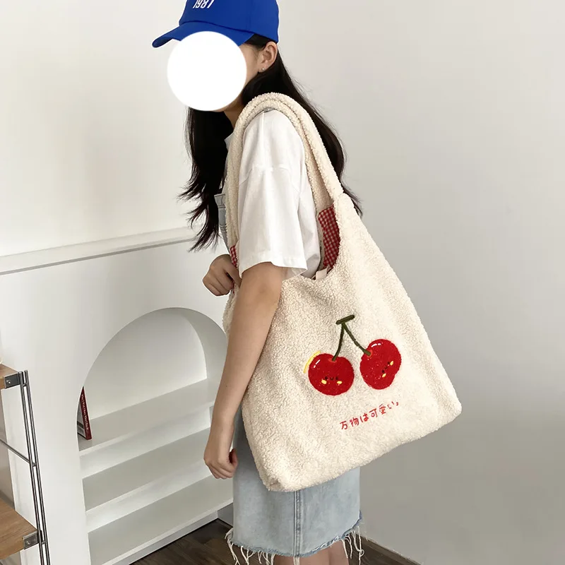 Women Plush Cherry Embroidery Tote Shoulder Bag Fluffy Canvas Handbags Lamb Like Fabric Large Shopping Bags Girls Cute Book Bag