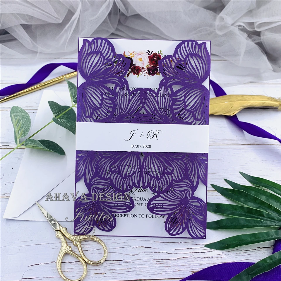 Gorgeous Wedding Invitations - Purple Laser Cut Warp with Customized Belly Band And Insert