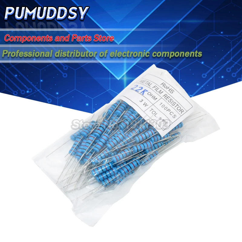 

100PCS 3W Metal film resistor 1% 1R ~ 1M 1R 4.7R 10R 22R 33R 47R 1K 4.7K 10K 100K 1 4.7 10 22 33 47 4K7 ohm