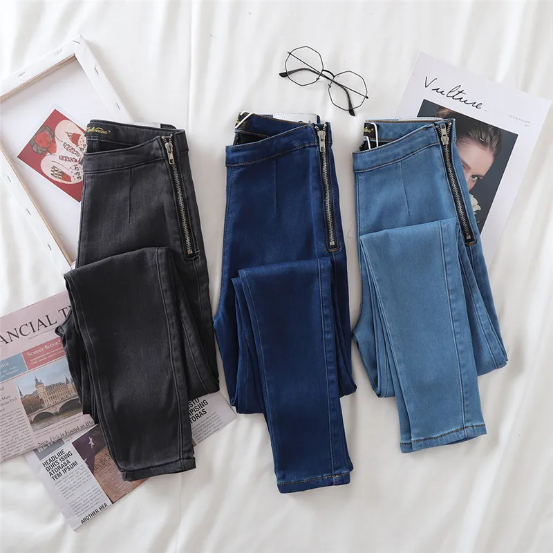 2020 spring 4 Color Available Side Zipper Jeans Women Autumn high waist Skinny Pencil denim pants Women Jeans